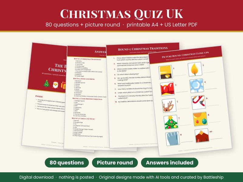 Big UK Christmas Quiz, 80 Questions + Picture Round with Answers