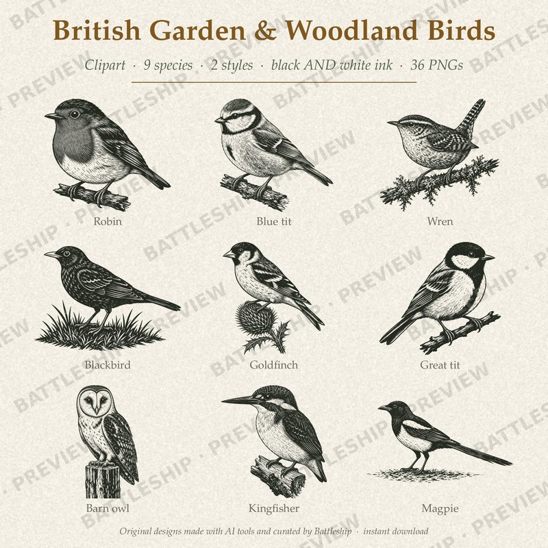 British Garden and Woodland Birds Clipart, Black and White Ink Linocu…