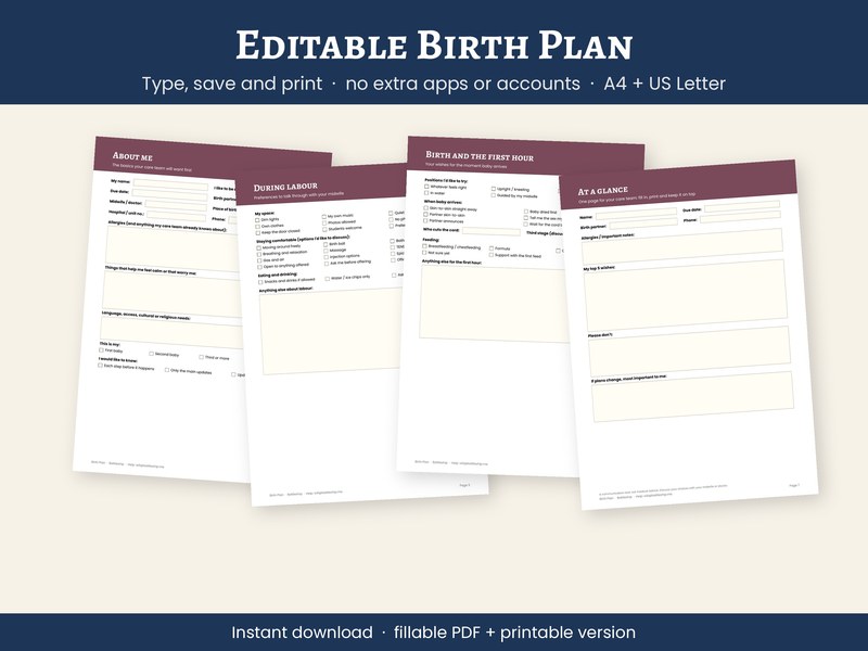 Editable Birth Plan Template, Fillable PDF, Labour Delivery Guide (A4…