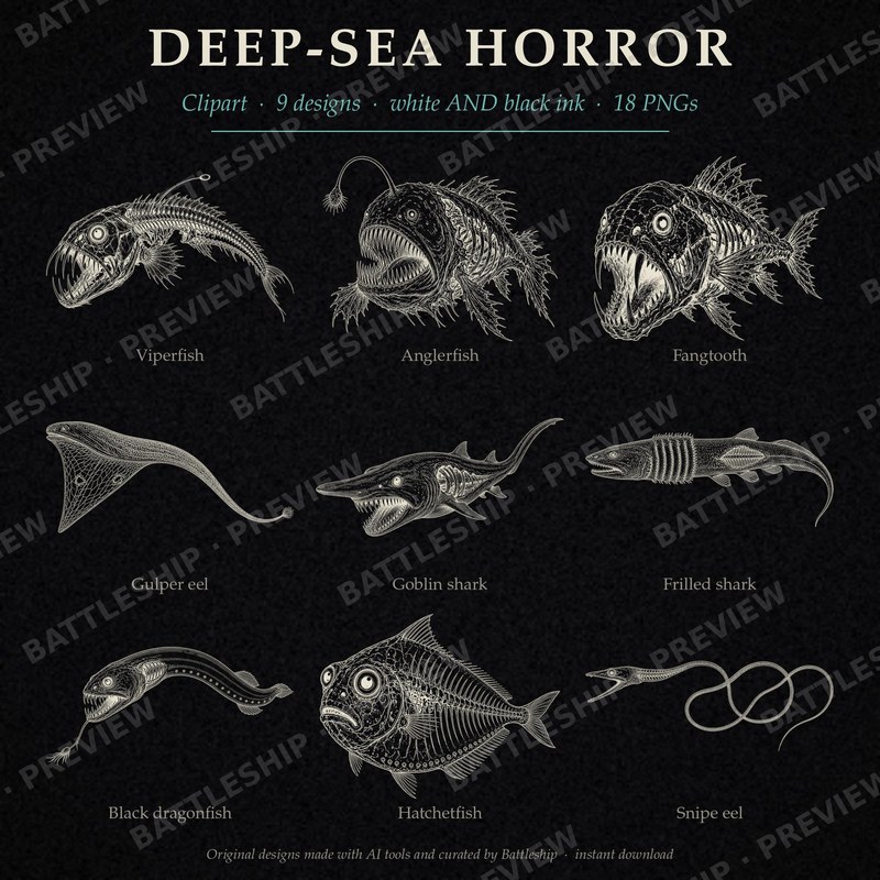 Deep Sea Horror Clipart, 18 Transparent PNG, Gothic Horror Tee Design…
