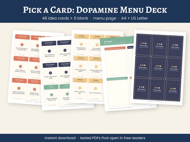 Dopamine Menu Card Deck, 48 Self-Care Idea Cards, My Menu Page (PDF)