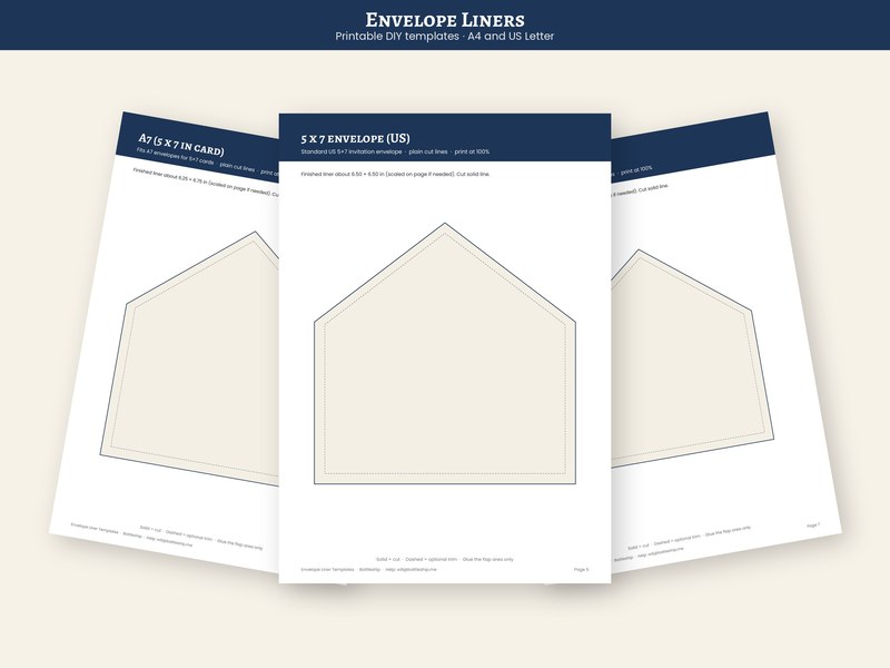 Printable Envelope Liners, A7, 5x7, A6, A2, Square, C5 (PDF Download)