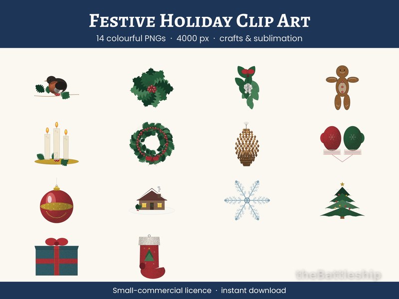 Festive Holiday Colour Clip Art, 14 PNG Bundle for Sublimation and Cr…