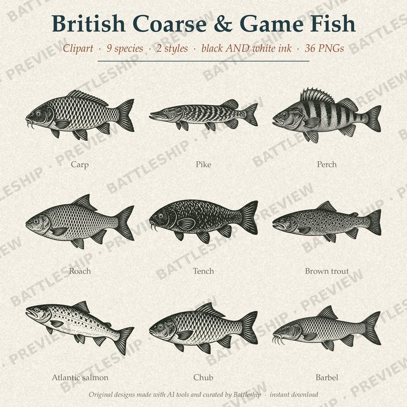 British Fish Clipart, Stipple and Linocut, Black and White Ink (Digit…