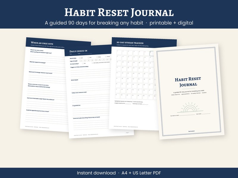 90-Day Habit Reset Journal, Break Bad Habits Workbook (Digital PDF)