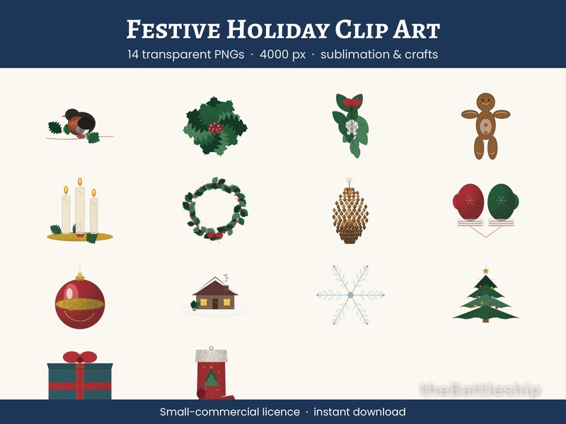 Festive Winter Holiday Clip Art, 14 Transparent PNG for Sublimation a…