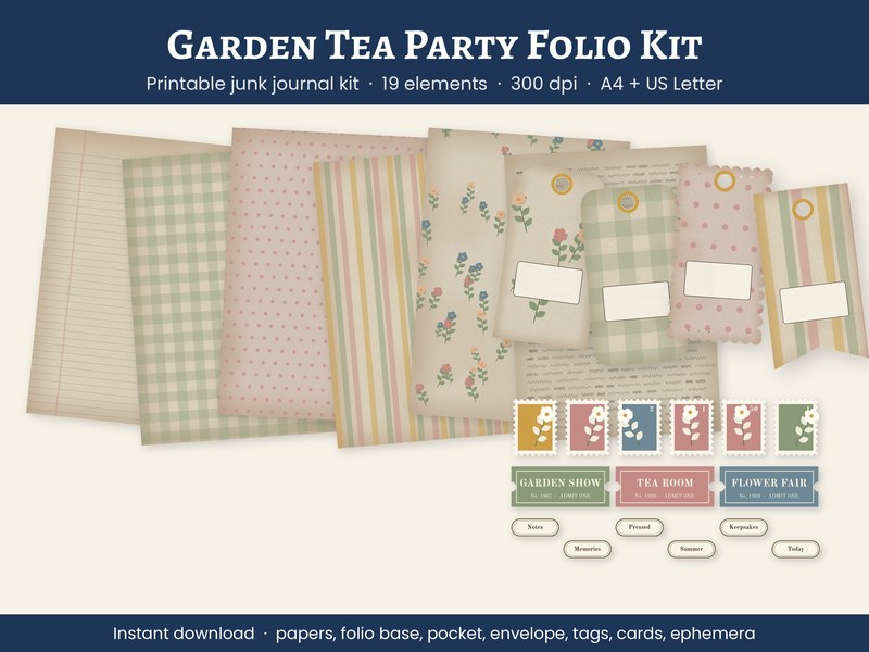 Garden Tea Party Junk Journal Folio Kit, Sage Rose Ephemera (Digital …