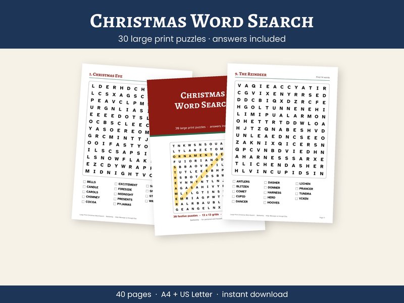 Christmas Word Search Printable, 30 Large Print Puzzles with Answers