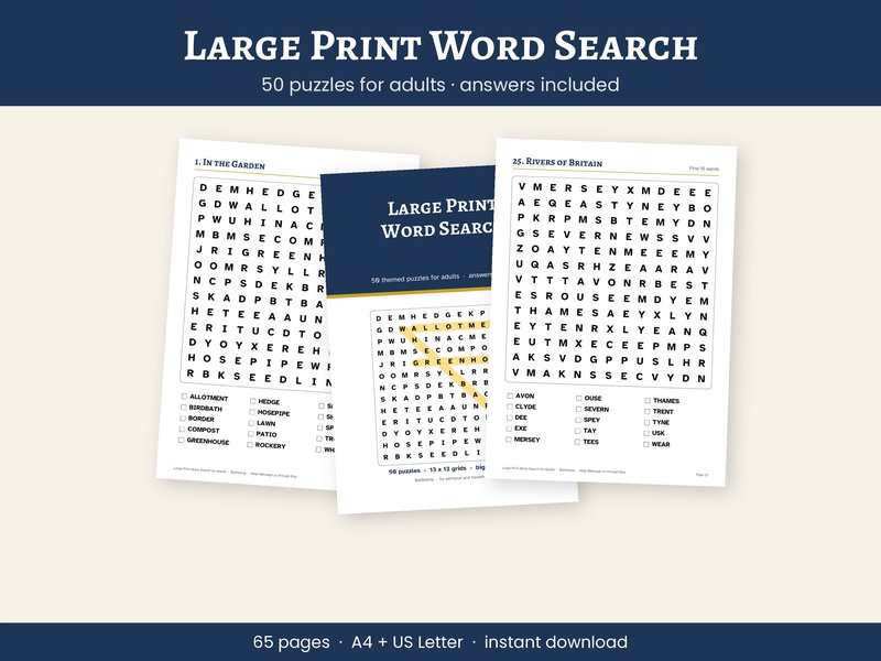 Large Print Word Search for Adults, 50 Puzzles with Answers (PDF)