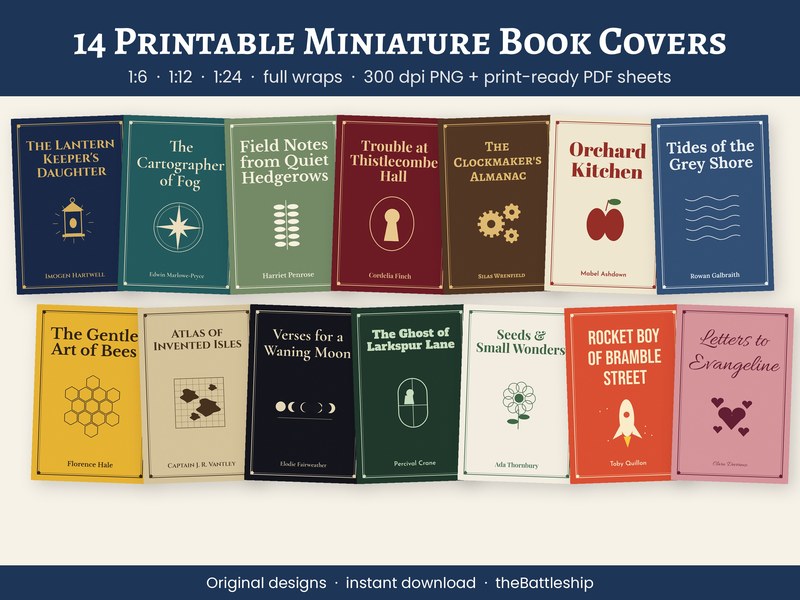 Printable Miniature Book Covers, 14 Dollhouse Book Wraps in 1/12, 1/6…