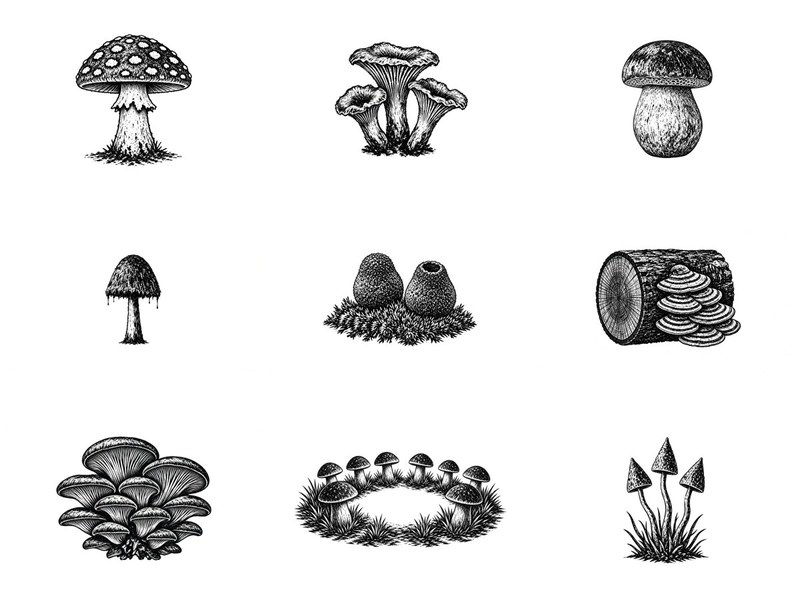 British Woodland Mushrooms Clipart, 32 Transparent PNG, Black and Whi…