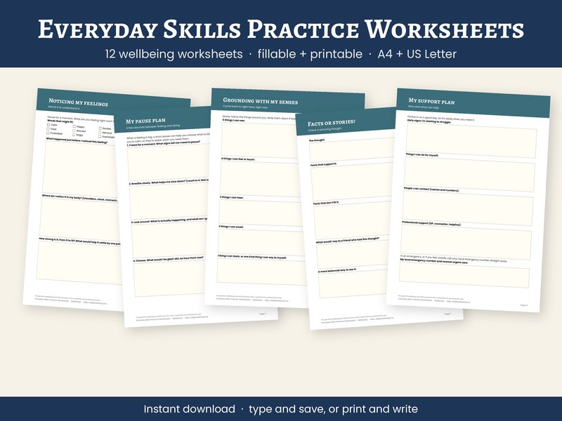 12 Wellbeing Worksheets, Coping Skills, Emotions Practice (Fillable PDF)