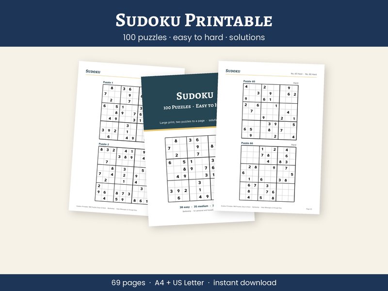 Sudoku Printable, 100 Puzzles Easy to Hard with Solutions (PDF)