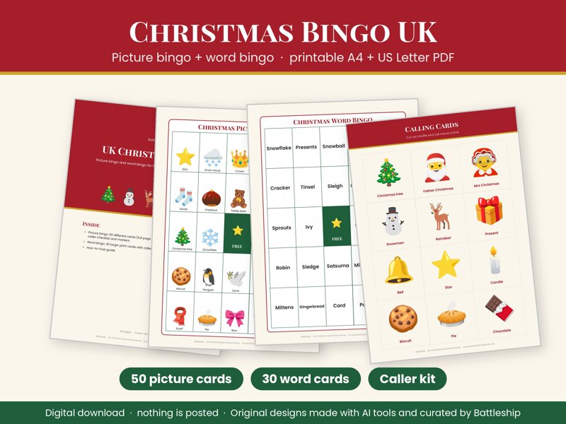 Christmas Bingo Cards Printable, 50 Picture and 30 Large Print Word Cards