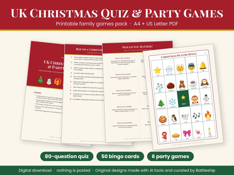 Christmas Quiz and Party Games Pack, UK Family Party Games Printable