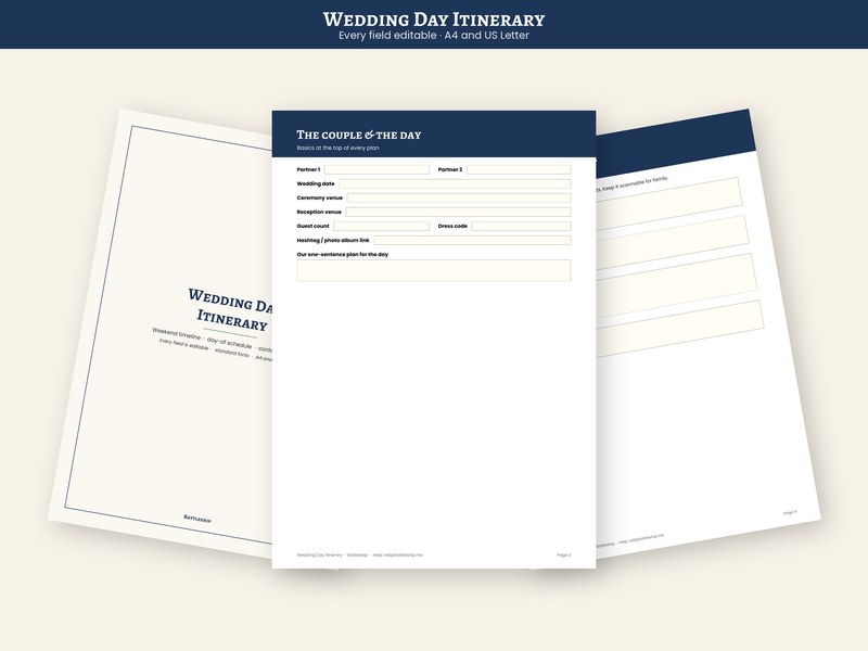 Wedding Day Itinerary Editable PDF, Weekend Timeline and Day-of Schedule