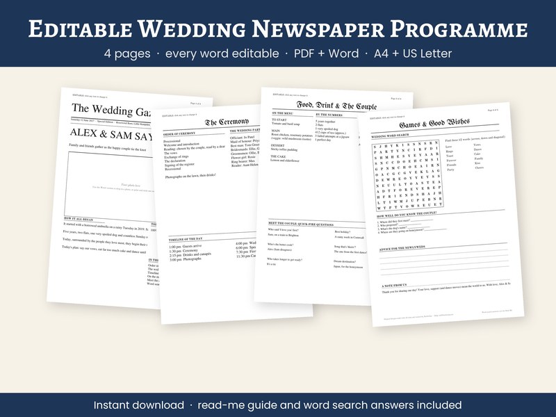 Editable Wedding Newspaper Programme, Folded Wedding Program Template…